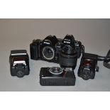 A Small Tray of Nikon Equipment, including Nikon F-801 camera bodies (2 examples), a Nikon L35AF