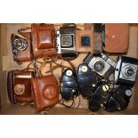A Tray of Viewfinder Cameras, including Ensign Ful-Vue, Kodak Brownie 127 (3 different types), Kodak
