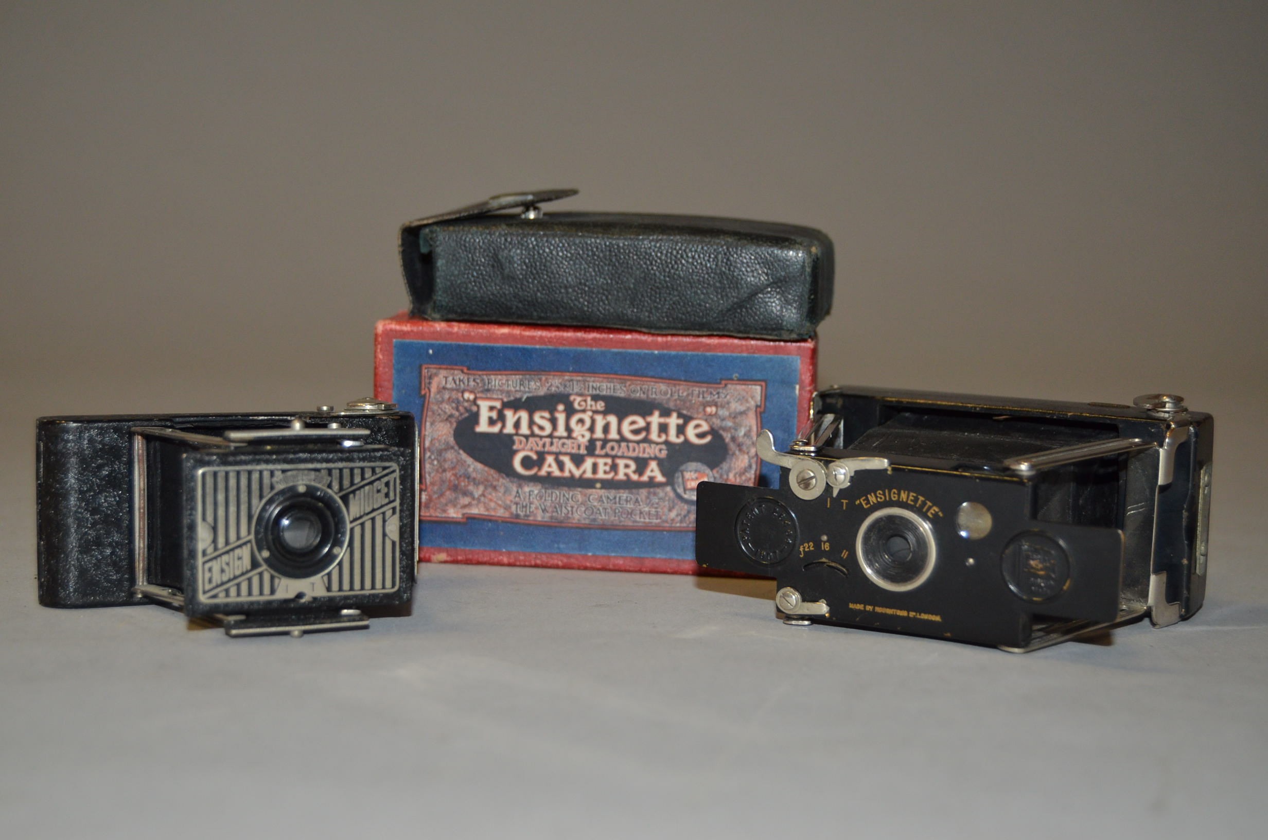 A Houghtons Ensignette No 1 Folding Camera, 1911-15 model with maker's case and box, together with a