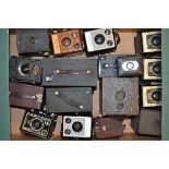 A Tray of Box Cameras, including Agfa Synchro Box, Butcher Maxim No 3, Ensign, Dacora Daci (red),