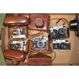 A Tray of Russian Rangefinder Cameras, including a Kiev 4A type 2 with a 50mm f/2 lens (2 examples),