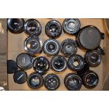 A Small Tray of Prime Lenses, including Chinon, Clubman, Cosina, Helios, Mamiya/Sekor, Optomax,