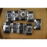 A Tray of Viewfinder Cameras, including Agfa Silette, Ilford Sportsman Auto RF, Kodak 35, Zeiss Ikon