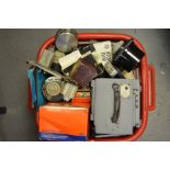 A Tray of Darkroom and Camera Equipment and Parts, including Paterson Tanks, photo paper, film,