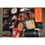 A Tray of Cameras and Accessories, including a Miranda MS-3 SLR camera, two Praktica SLR bodies, a