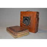 A Mahogany & Brass Half Plate Tailboard Camera, replacement rigid front, missing lens, with