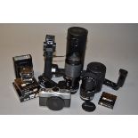 A Tray of Olympus Equipment, including a Olympus C-35 Microscope camera, shutter not working, a OM-