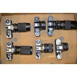 A Tray of Olympus OM10 and Ricoh SLR Cameras, including OM10 with zoom lens (3 examples), Ricoh KR-