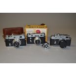 Three Russian Rangefinder Cameras, a Krasnogorsk Zorki 6, serial no 630022371, with Industar-50 50mm