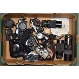 A Tray of SLR Film Cameras and Lenses, including Canon Pellix, Fujica STX-1, Pentax ME Super (2