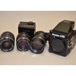A Mamiya M645 Super Camera Outfit, including M645 body, untested, AE Prism Finder, two 120 film