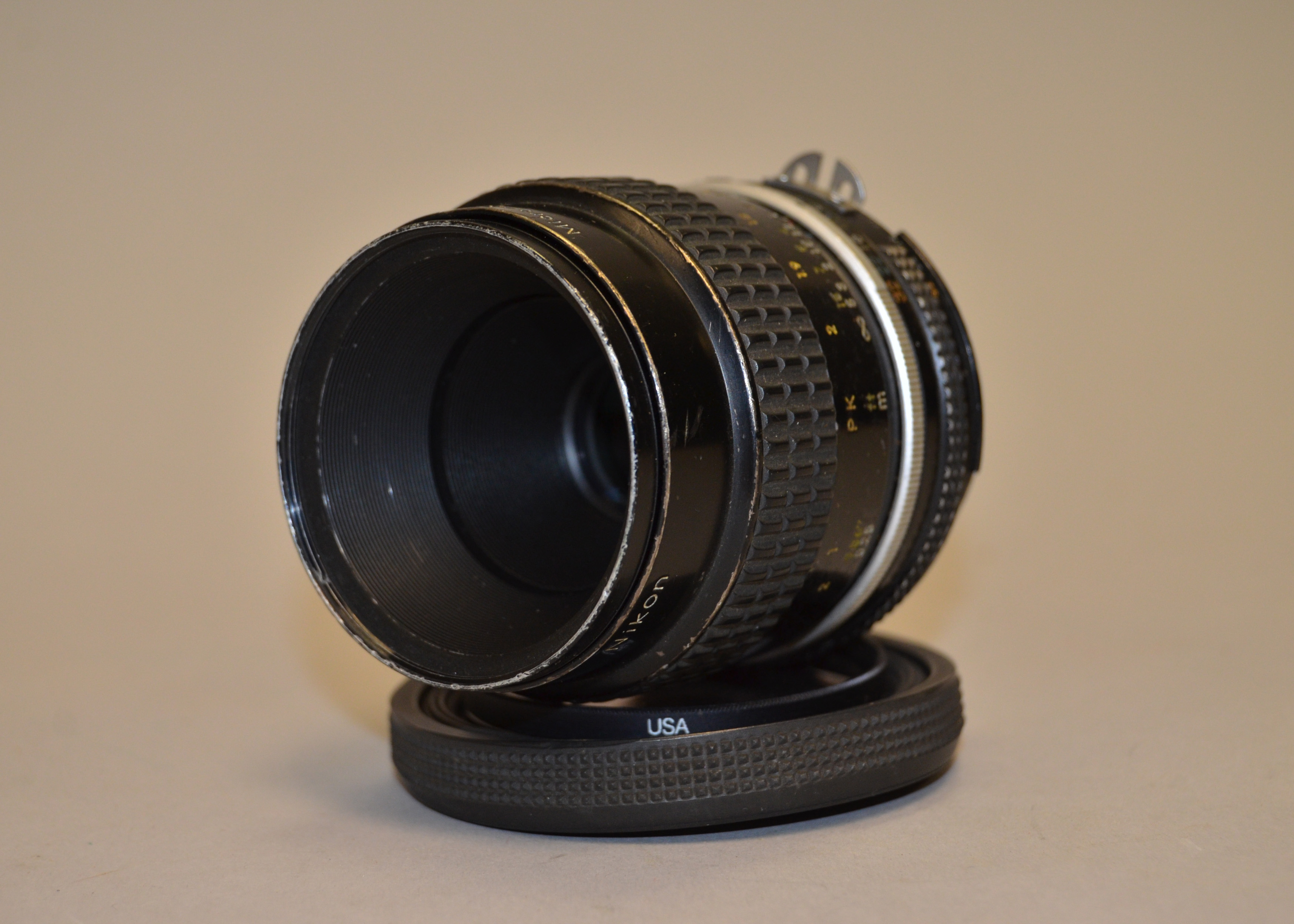 A Micro-Nikkor f/3.5 55mm Lens, serial no 204301, barrel F, marked "Kit 1", heavy wear, elements G