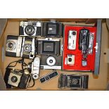 A Tray of Assorted Cameras, including a Minolta 16 MG-S 16mm camera in presentation box, a Minolta-