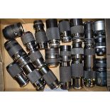A Tray of Zoom Lenses, including Canon EF, Cosina,Hanimex, Kenlock, Miranda, Olympus, Optomax,