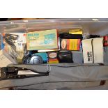 A Box of Photographic Accessories, including flashguns from Canon and Sunpak, a Slik tripod, a