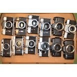 A Tray of Praktica and Zenit SLR Camera Bodies, including Zenit E, Zenit EM, Zenit TTL, Praktica
