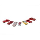 Dinky Toys 157 Jaguar XK120, six examples, first, second and third, red body and hubs, fourth red