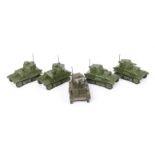 Dinky Toys 152a Light Tank, five examples, four in military green, one in olive drab, all post-war