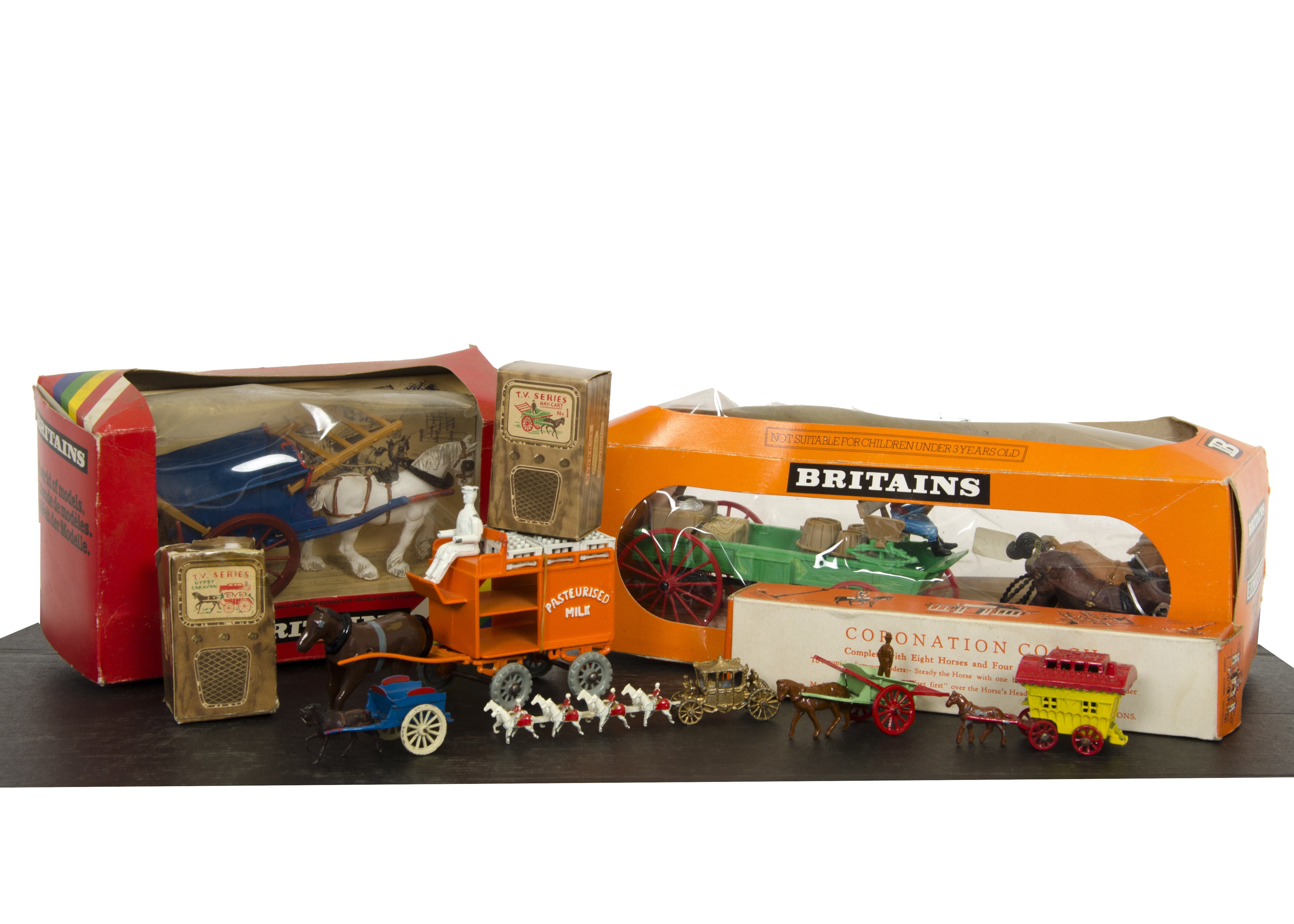 Horse-Drawn Diecast & Toys, Britains 7617 Wild West Buckboard, 9499 Tumbrel Cart, Benbros TV