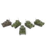 Dinky Toys 152a Light Tank, five examples, four in military green, one in olive drab, all post-war