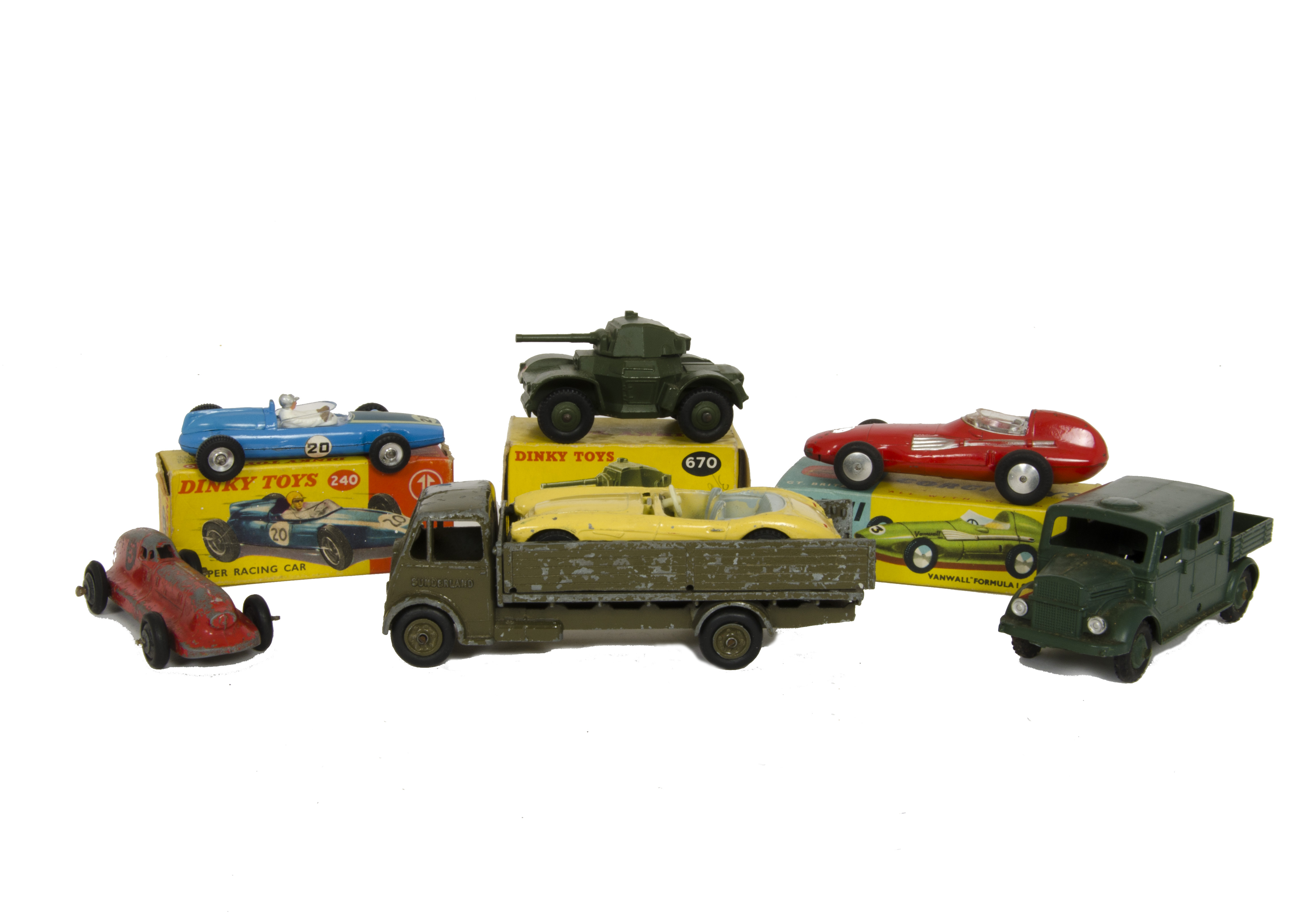 Dinky Toys 240 Cooper Racing Car, 670 Armoured Car, 150 Vanwall Formula 1 Grand Prix, in original