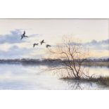 Geoffrey Campbell-Black (b.1925) two oils on canvas, 'Mallards Flying over the River Dee', signed '