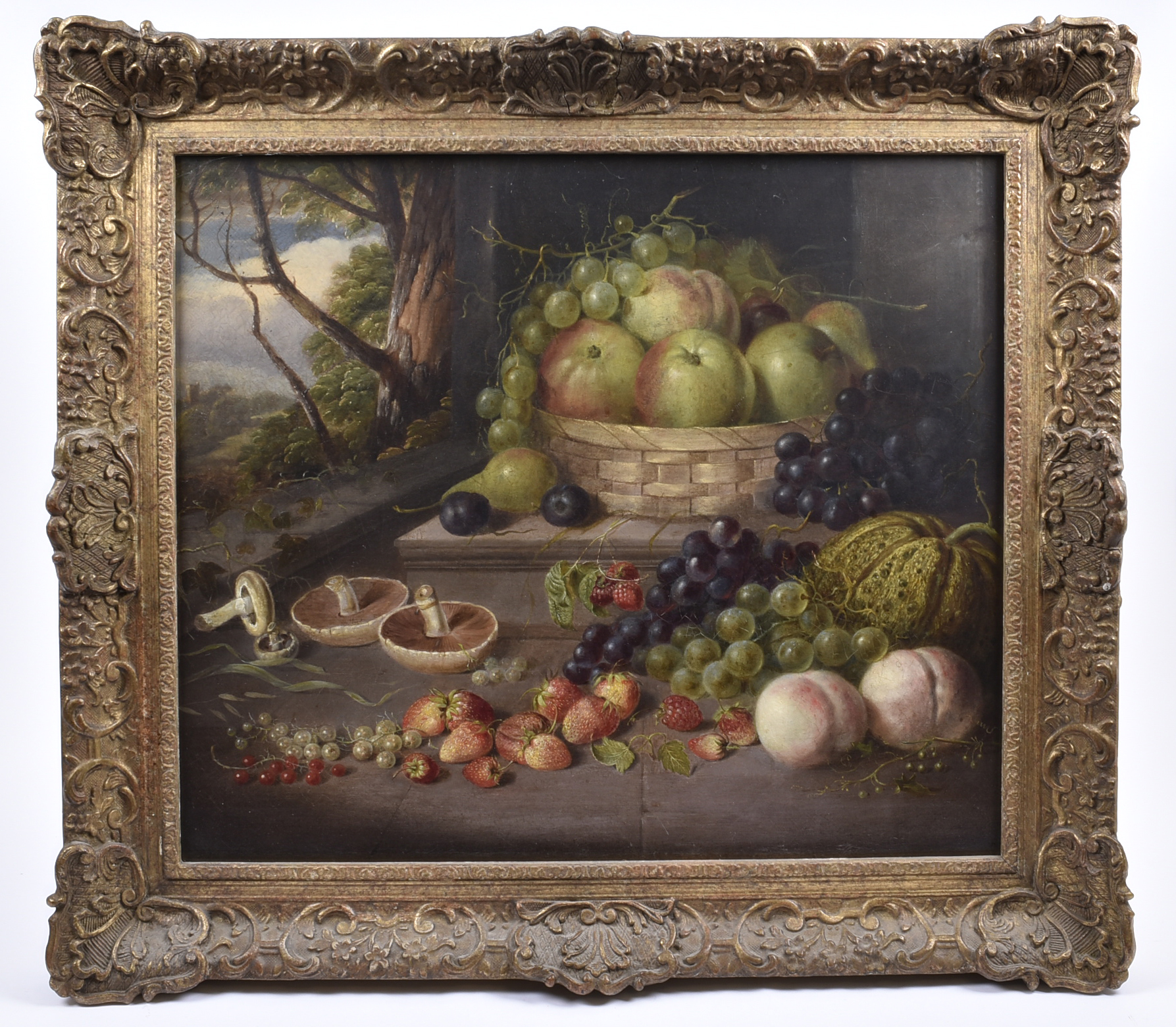 Circle of Oliver Clare (1853-1927) oil on canvas, 'Still Life with Fruit and Mushrooms with a - Image 2 of 2