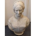 A 19th Century Italian marble bust of a woman, lace and beaded collar, 84 cm high