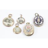 A group of five yellow metal lockets, two decorated with floral engravings and enamel work (5)