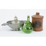 A miscellaneous lot, including a collection of inkwells of various sizes and designs, green glass