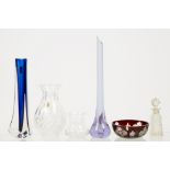 A collection of miscellaneous glassware, including a Whitefriars triform vase, Royal Blue cased in