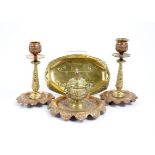 A pair of William Tonks & Sons brass and copper candlesticks, 18.5 cm high, and matching