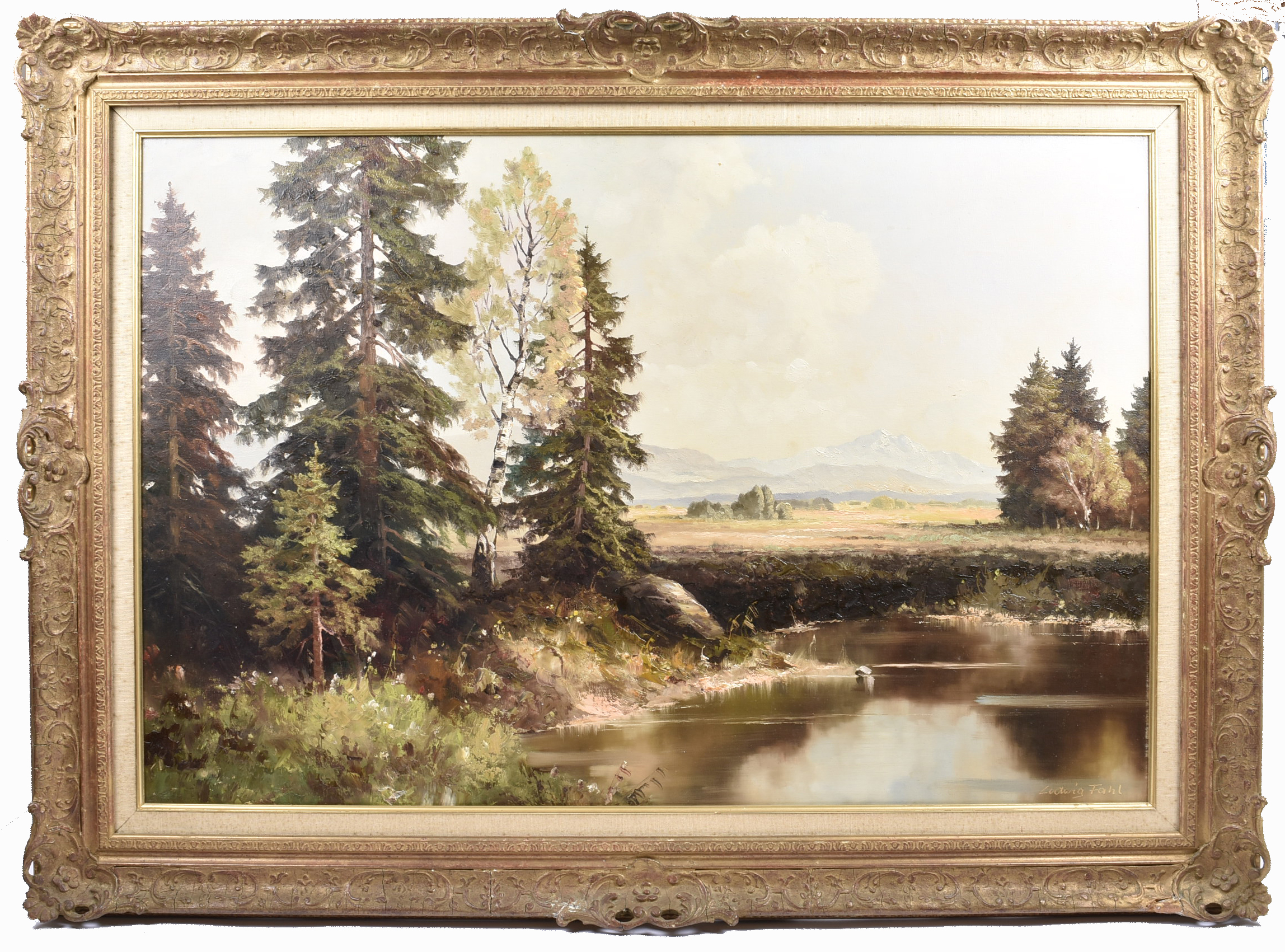 Ludwig Fahl (20th Century) oil on canvas, 'An Extensive Landscape with Pond, Fields and Mountains - Image 2 of 2