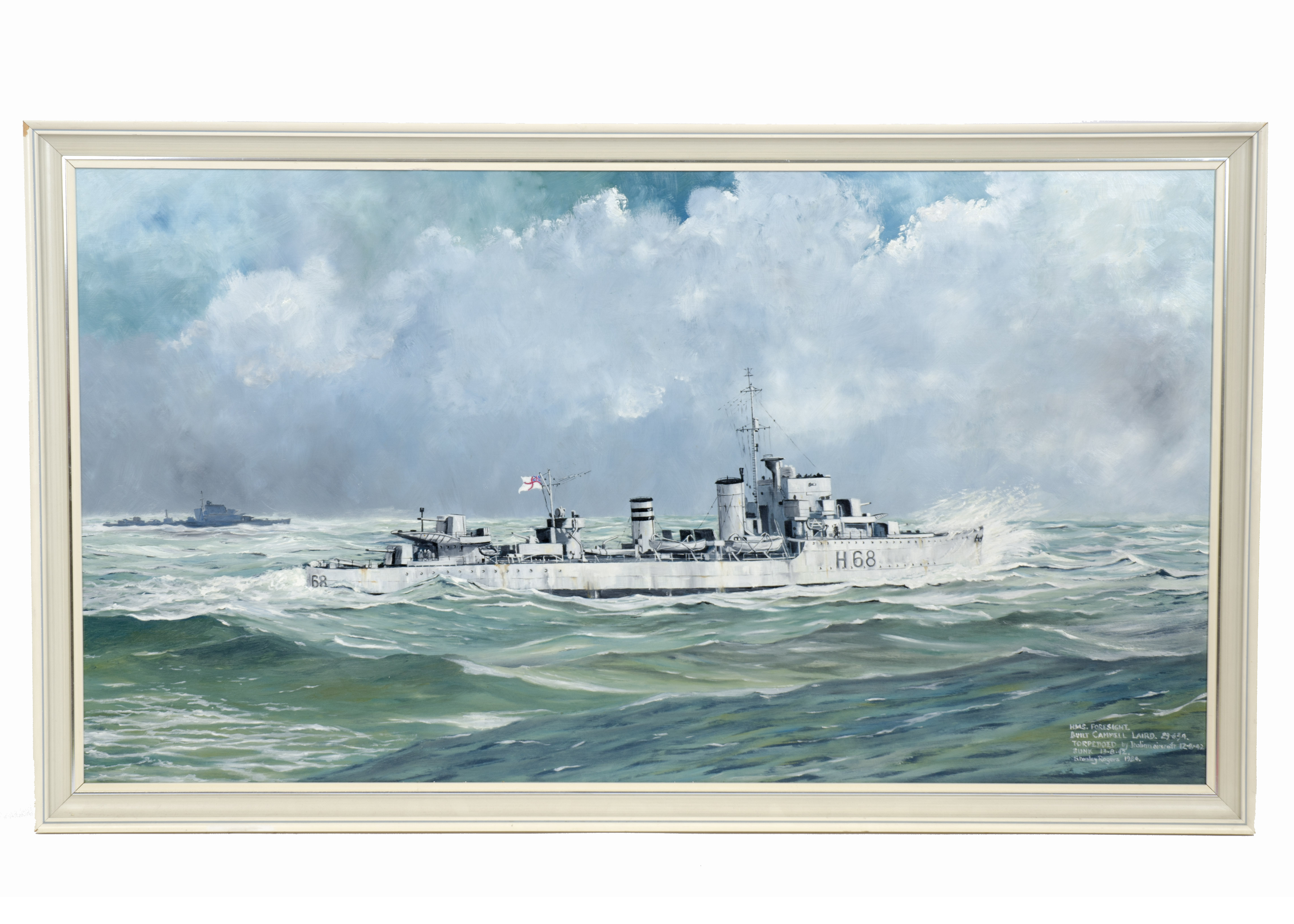 Stanley Rogers (20th Century British) oil on board, 'HMS Foresight', signed and inscribed 'HMS. - Image 3 of 3