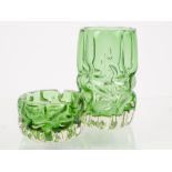 A 1960s green hand blown glass vase, 19 cm high, together with a similar style ash tray, 7.5 cm high
