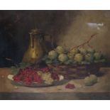 Joe Rolly (Early 20th Century) oil on canvas, 'Still Life with Greengages, Red and White Berries,