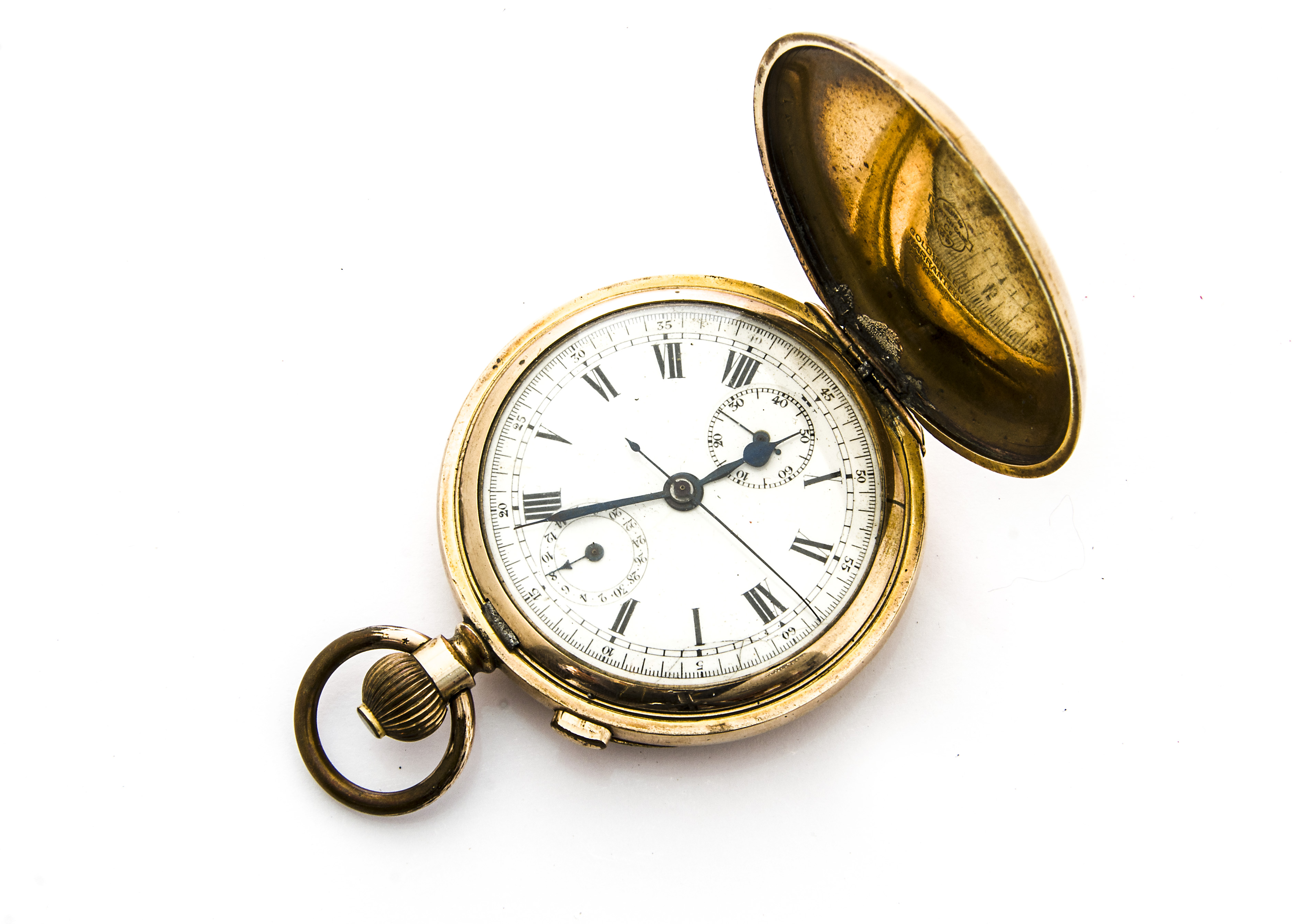 An early 20th century gold plated full hunter pocket watch with stopwatch facility, white enamel