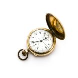 An early 20th century gold plated full hunter pocket watch with stopwatch facility, white enamel