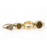 An 18ct gold wedding band, 5.2g, together with a gold and diamond signet ring, 2.3g and two 9ct gold