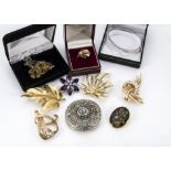 A collection of jewellery, including various gilt and other jewels such as an owl and a fox
