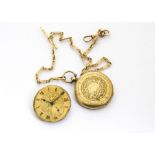 A late 19th century continental 18ct gold cased open faced pocket watch with base metal dust