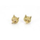 A pair of 1970s 9ct gold earrings, modelled as fox masks each with red stone eyes, 6.2g (2)