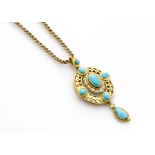 A 19th Century turquoise, diamond and gold oval drop pendant, in the Holbeinesque style, the oval