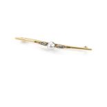 A vintage 18ct gold and pearl bar brooch, with single white pearl to centre and heightened by