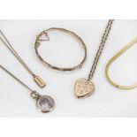 Five vintage and modern items of gold jewellery, including a bamboo bangle, a gold front and back