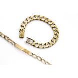 Two 1980s 9ct gold bracelets, one of flattened textured links, the other an identity bracelet,