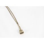 A Victorian 9ct gold muff chain, small belcher link opera length chain with watch snap clasp