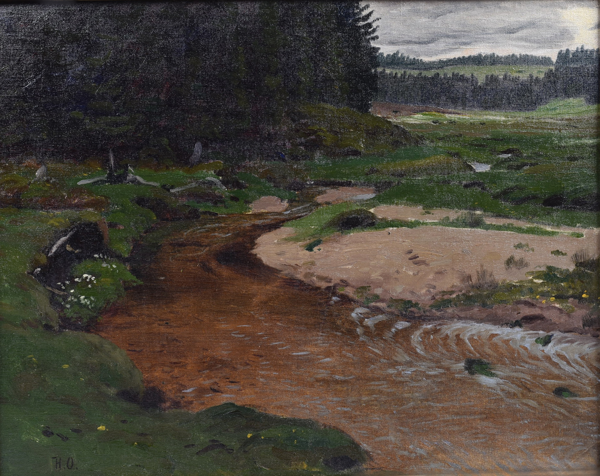 Hermann Osthoff (1879-1918) oil on board, 'River Landscape with Forest', monogrammed 'H.O.' (lower