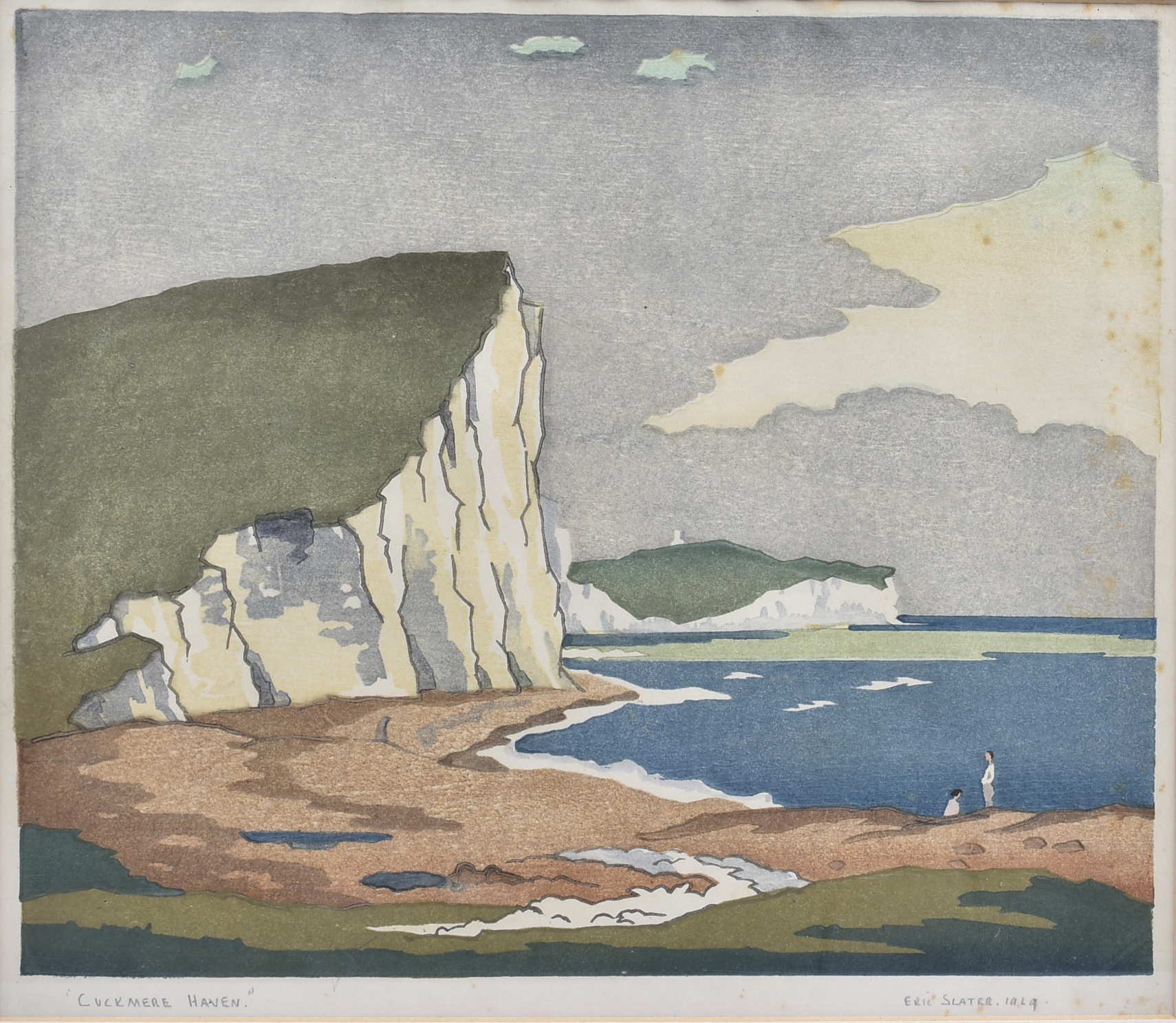 Eric Slater (1896-1963) coloured woodcut, 'Cuckmere Haven', 1929, signed, dated and titled in pencil