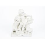 A plaster cast of three putti playing whilst overturning a basket of fruit, signed 'Lepere', af,